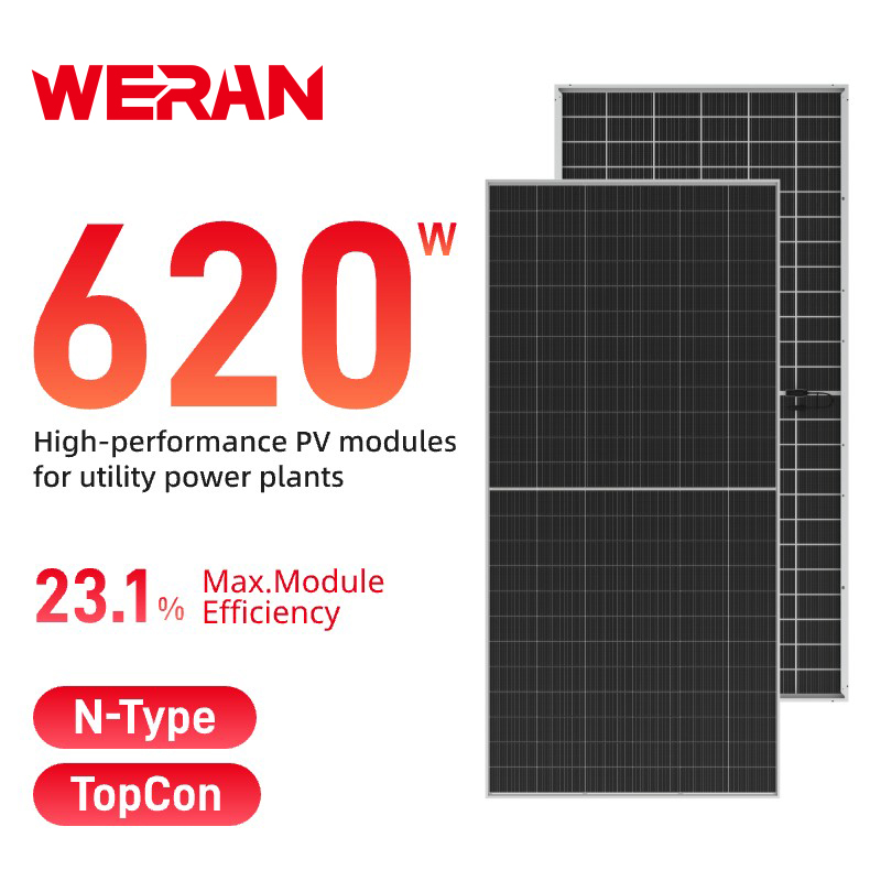 WERAN 595-625W Panel Suria Dwimuka Format Besar – Modul PV Double-Glass OEM untuk Utiliti, EPC dan Projek Borong